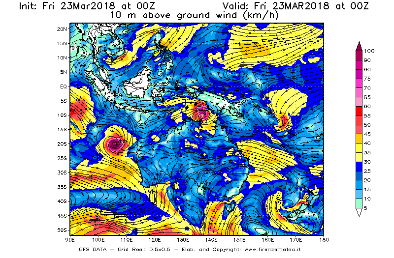 Mappa di analisi GFS - Velocità del vento a 10 metri dal suolo [km/h] in Oceania
									del 23/03/2018 00 <!--googleoff: index-->UTC<!--googleon: index-->
