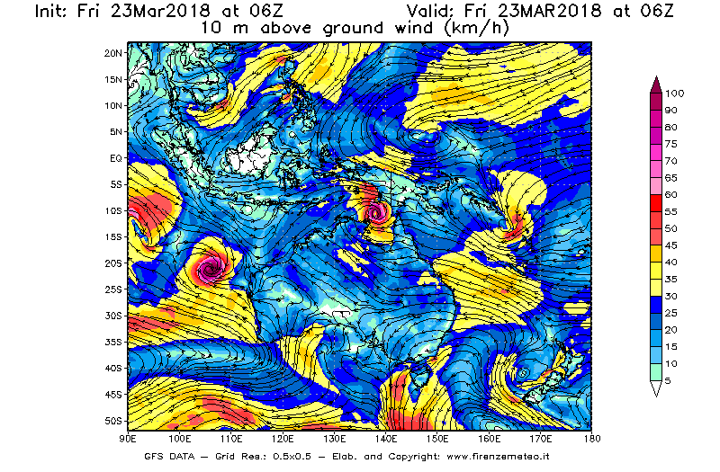 Mappa di analisi GFS - Velocità del vento a 10 metri dal suolo [km/h] in Oceania
									del 23/03/2018 06 <!--googleoff: index-->UTC<!--googleon: index-->