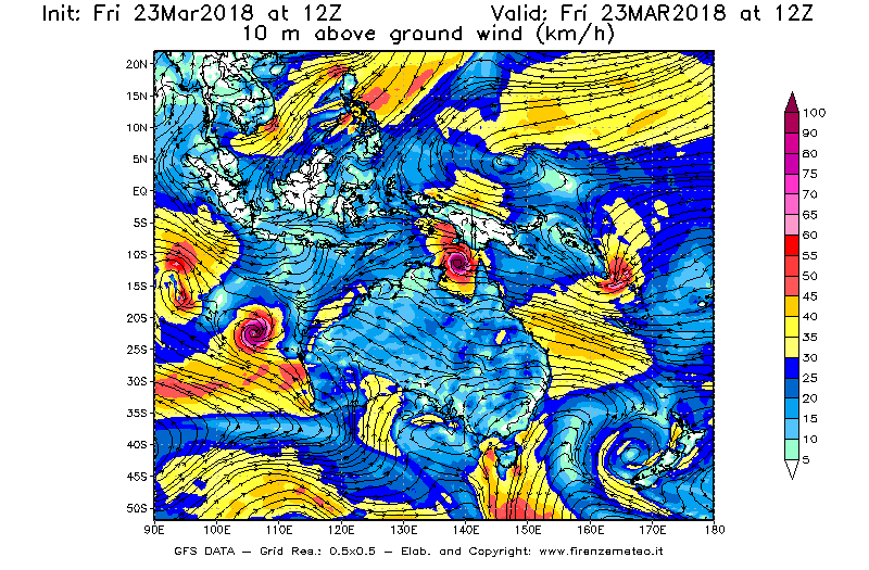 Mappa di analisi GFS - Velocità del vento a 10 metri dal suolo [km/h] in Oceania
									del 23/03/2018 12 <!--googleoff: index-->UTC<!--googleon: index-->