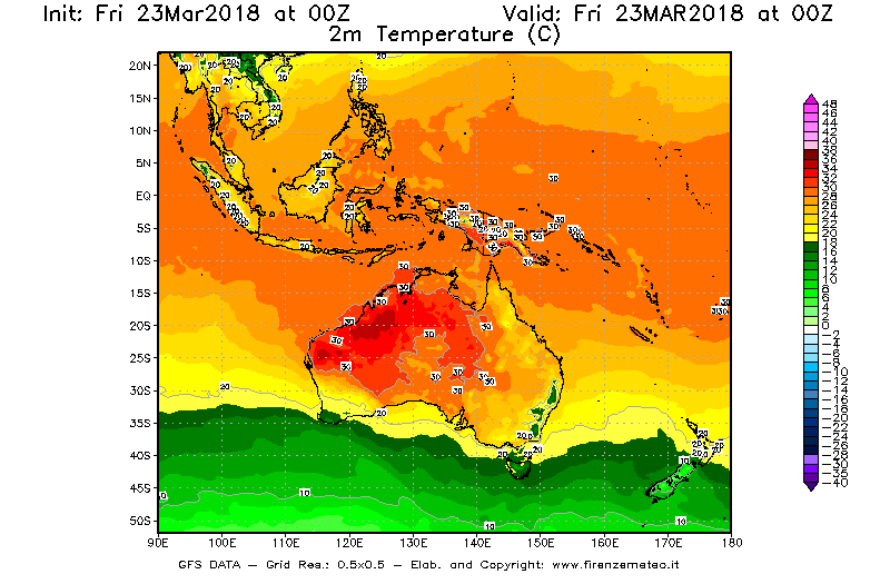 Mappa di analisi GFS - Temperatura a 2 metri dal suolo [°C] in Oceania
									del 23/03/2018 00 <!--googleoff: index-->UTC<!--googleon: index-->