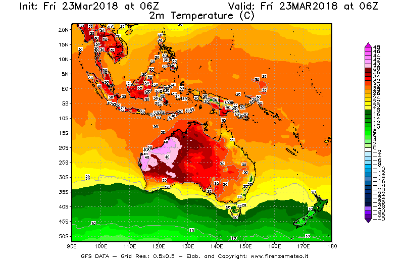 Mappa di analisi GFS - Temperatura a 2 metri dal suolo [°C] in Oceania
									del 23/03/2018 06 <!--googleoff: index-->UTC<!--googleon: index-->