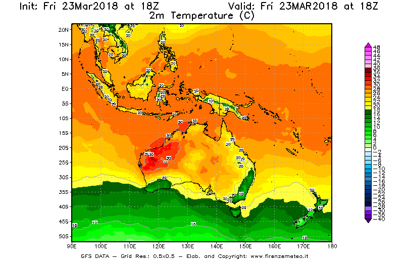 Mappa di analisi GFS - Temperatura a 2 metri dal suolo [°C] in Oceania
									del 23/03/2018 18 <!--googleoff: index-->UTC<!--googleon: index-->