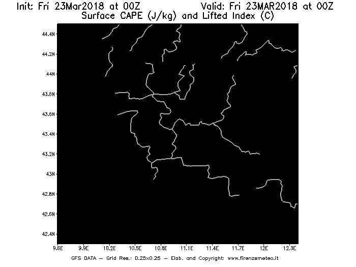 Mappa di analisi GFS - CAPE [J/kg] e Lifted Index [°C] in Toscana
									del 23/03/2018 00 <!--googleoff: index-->UTC<!--googleon: index-->