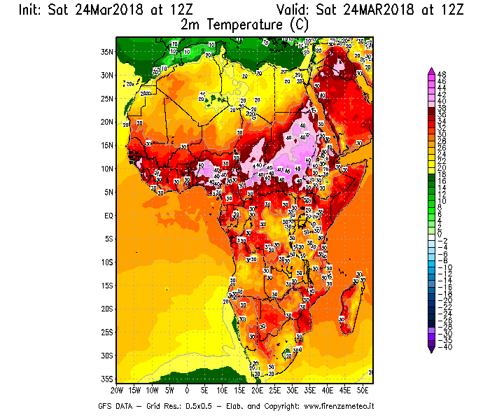 Mappa di analisi GFS - Temperatura a 2 metri dal suolo [°C] in Africa
									del 24/03/2018 12 <!--googleoff: index-->UTC<!--googleon: index-->