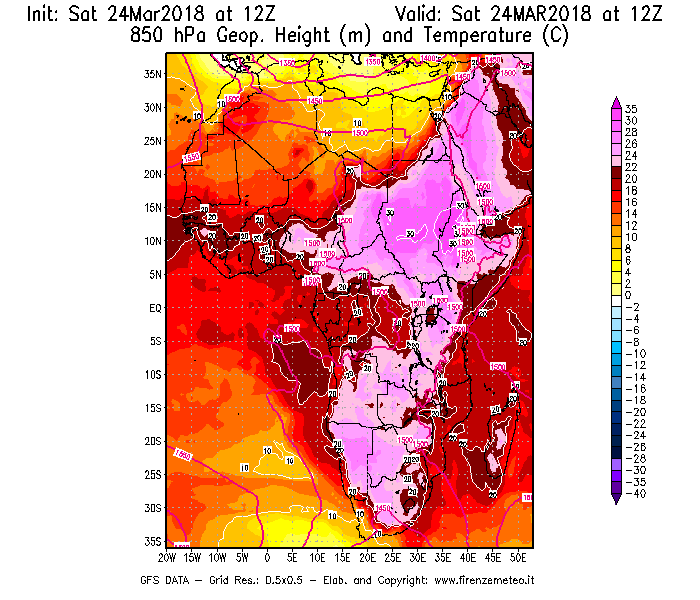 Mappa di analisi GFS - Geopotenziale [m] e Temperatura [°C] a 850 hPa in Africa
									del 24/03/2018 12 <!--googleoff: index-->UTC<!--googleon: index-->
