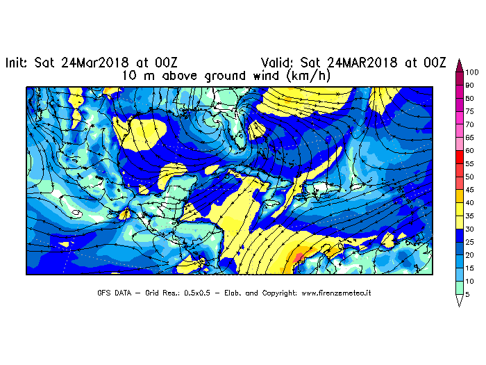 Mappa di analisi GFS - Velocità del vento a 10 metri dal suolo [km/h] in Centro-America
									del 24/03/2018 00 <!--googleoff: index-->UTC<!--googleon: index-->