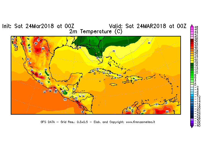 Mappa di analisi GFS - Temperatura a 2 metri dal suolo [°C] in Centro-America
									del 24/03/2018 00 <!--googleoff: index-->UTC<!--googleon: index-->