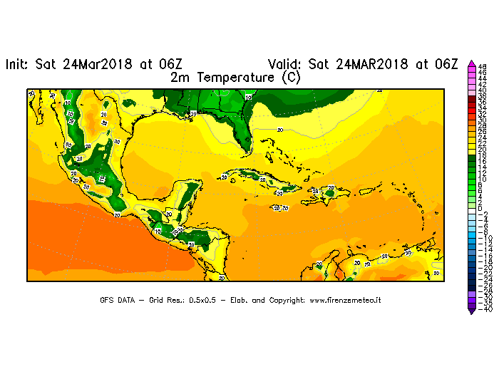 Mappa di analisi GFS - Temperatura a 2 metri dal suolo [°C] in Centro-America
									del 24/03/2018 06 <!--googleoff: index-->UTC<!--googleon: index-->