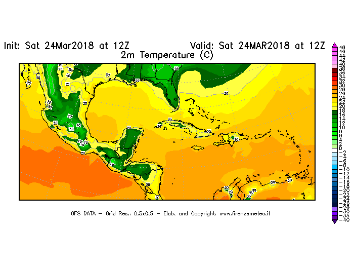 Mappa di analisi GFS - Temperatura a 2 metri dal suolo [°C] in Centro-America
									del 24/03/2018 12 <!--googleoff: index-->UTC<!--googleon: index-->