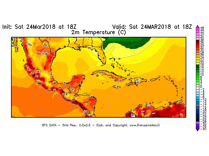 Mappa di analisi GFS - Temperatura a 2 metri dal suolo [°C] in Centro-America
									del 24/03/2018 18 <!--googleoff: index-->UTC<!--googleon: index-->