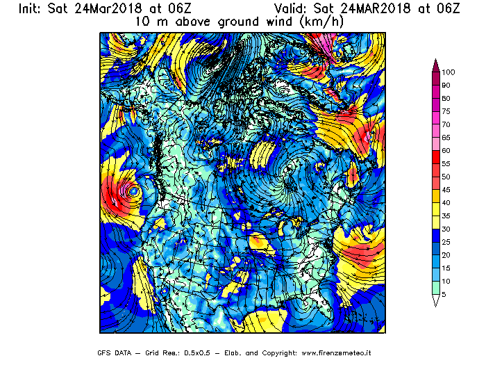 Mappa di analisi GFS - Velocità del vento a 10 metri dal suolo [km/h] in Nord-America
									del 24/03/2018 06 <!--googleoff: index-->UTC<!--googleon: index-->