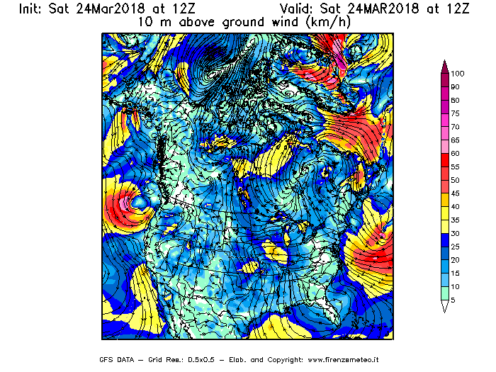 Mappa di analisi GFS - Velocità del vento a 10 metri dal suolo [km/h] in Nord-America
									del 24/03/2018 12 <!--googleoff: index-->UTC<!--googleon: index-->