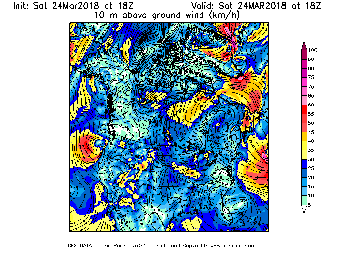 Mappa di analisi GFS - Velocità del vento a 10 metri dal suolo [km/h] in Nord-America
									del 24/03/2018 18 <!--googleoff: index-->UTC<!--googleon: index-->