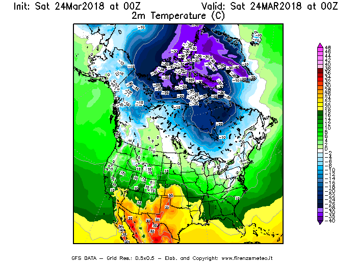 Mappa di analisi GFS - Temperatura a 2 metri dal suolo [°C] in Nord-America
									del 24/03/2018 00 <!--googleoff: index-->UTC<!--googleon: index-->