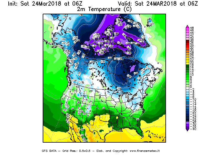 Mappa di analisi GFS - Temperatura a 2 metri dal suolo [°C] in Nord-America
									del 24/03/2018 06 <!--googleoff: index-->UTC<!--googleon: index-->