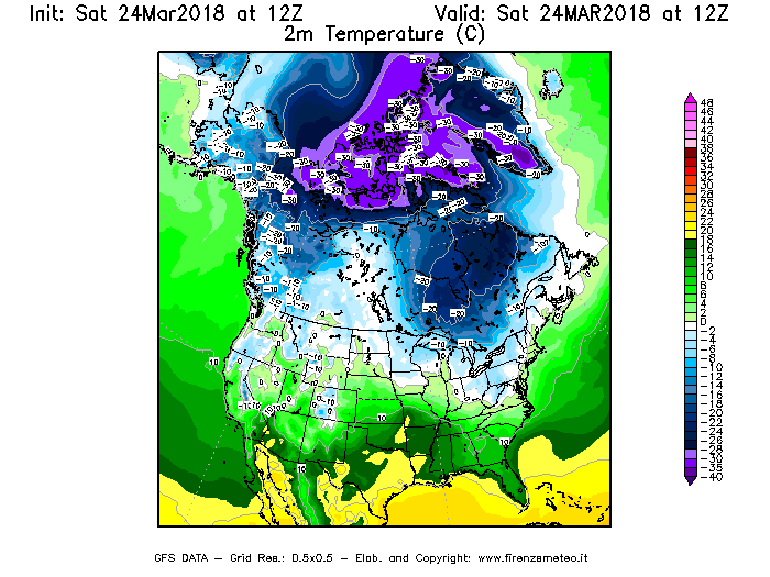 Mappa di analisi GFS - Temperatura a 2 metri dal suolo [°C] in Nord-America
									del 24/03/2018 12 <!--googleoff: index-->UTC<!--googleon: index-->