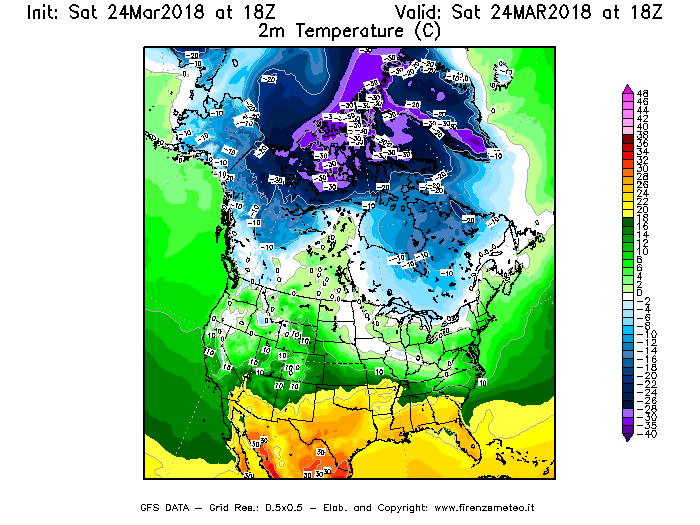 Mappa di analisi GFS - Temperatura a 2 metri dal suolo [°C] in Nord-America
									del 24/03/2018 18 <!--googleoff: index-->UTC<!--googleon: index-->