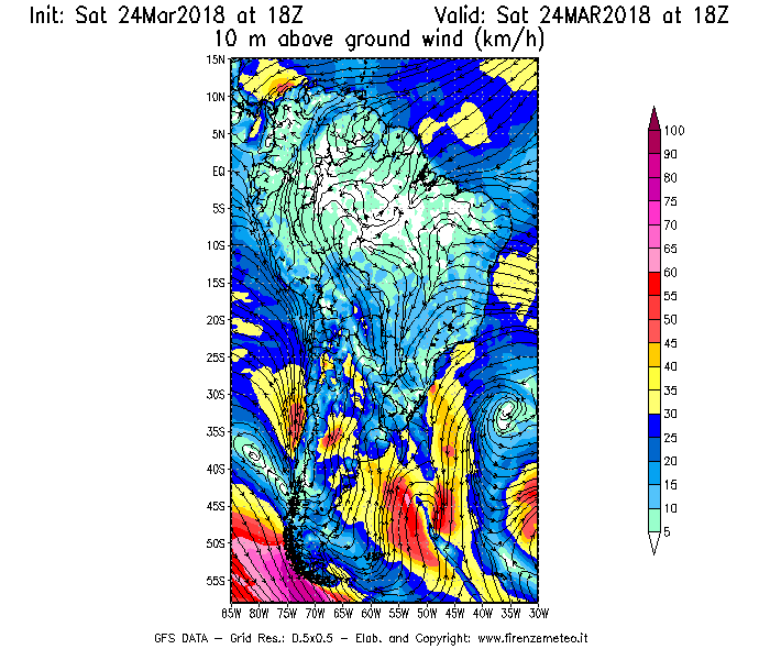 Mappa di analisi GFS - Velocità del vento a 10 metri dal suolo [km/h] in Sud-America
									del 24/03/2018 18 <!--googleoff: index-->UTC<!--googleon: index-->