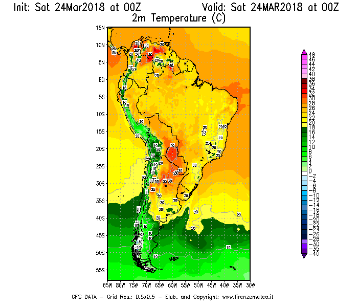 Mappa di analisi GFS - Temperatura a 2 metri dal suolo [°C] in Sud-America
									del 24/03/2018 00 <!--googleoff: index-->UTC<!--googleon: index-->
