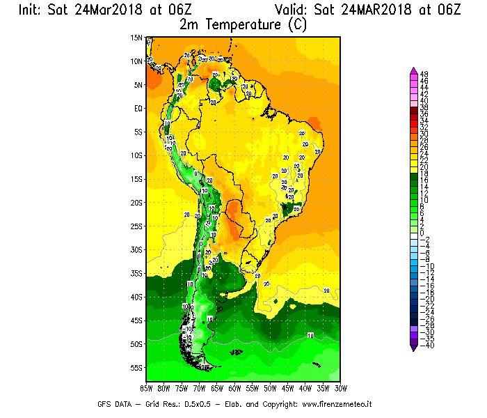 Mappa di analisi GFS - Temperatura a 2 metri dal suolo [°C] in Sud-America
									del 24/03/2018 06 <!--googleoff: index-->UTC<!--googleon: index-->