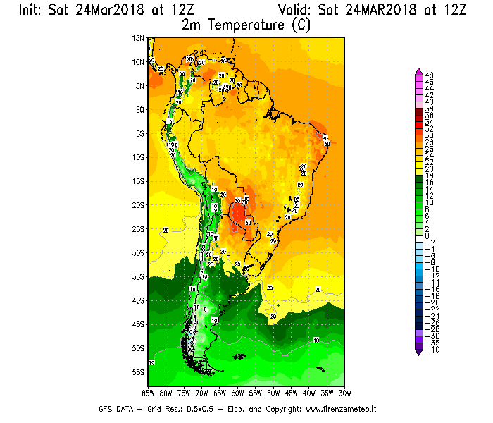 Mappa di analisi GFS - Temperatura a 2 metri dal suolo [°C] in Sud-America
									del 24/03/2018 12 <!--googleoff: index-->UTC<!--googleon: index-->
