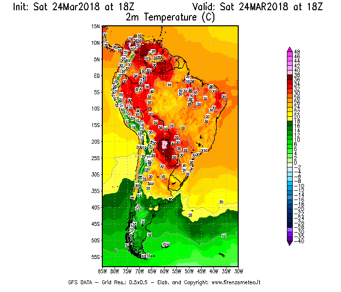 Mappa di analisi GFS - Temperatura a 2 metri dal suolo [°C] in Sud-America
									del 24/03/2018 18 <!--googleoff: index-->UTC<!--googleon: index-->