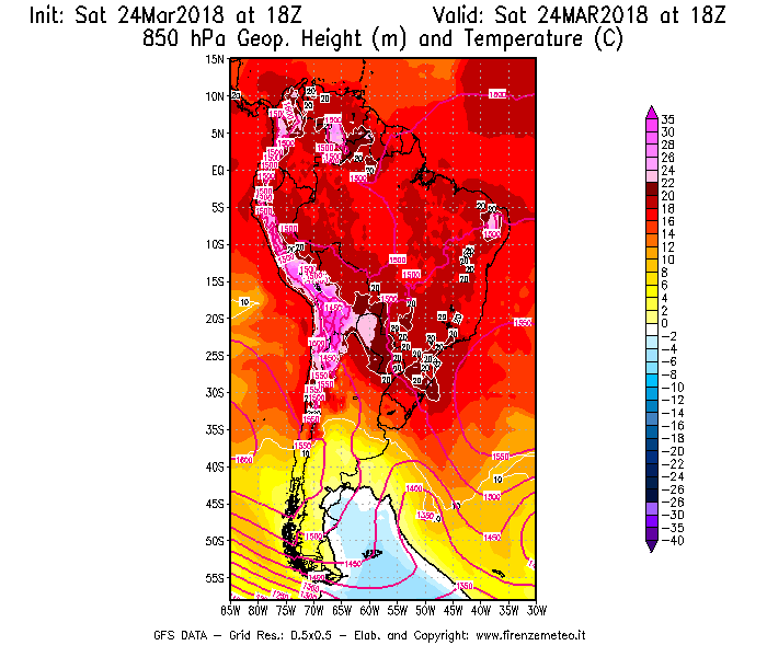 Mappa di analisi GFS - Geopotenziale [m] e Temperatura [°C] a 850 hPa in Sud-America
									del 24/03/2018 18 <!--googleoff: index-->UTC<!--googleon: index-->