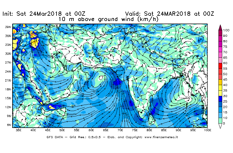 Mappa di analisi GFS - Velocità del vento a 10 metri dal suolo [km/h] in Asia Sud-Occidentale
									del 24/03/2018 00 <!--googleoff: index-->UTC<!--googleon: index-->