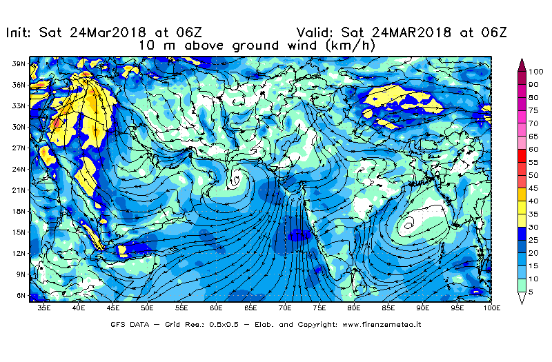 Mappa di analisi GFS - Velocità del vento a 10 metri dal suolo [km/h] in Asia Sud-Occidentale
									del 24/03/2018 06 <!--googleoff: index-->UTC<!--googleon: index-->