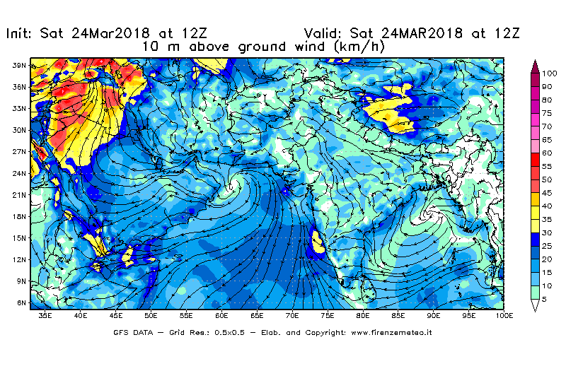 Mappa di analisi GFS - Velocità del vento a 10 metri dal suolo [km/h] in Asia Sud-Occidentale
									del 24/03/2018 12 <!--googleoff: index-->UTC<!--googleon: index-->