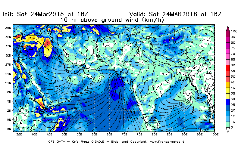Mappa di analisi GFS - Velocità del vento a 10 metri dal suolo [km/h] in Asia Sud-Occidentale
									del 24/03/2018 18 <!--googleoff: index-->UTC<!--googleon: index-->