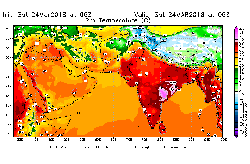 Mappa di analisi GFS - Temperatura a 2 metri dal suolo [°C] in Asia Sud-Occidentale
									del 24/03/2018 06 <!--googleoff: index-->UTC<!--googleon: index-->