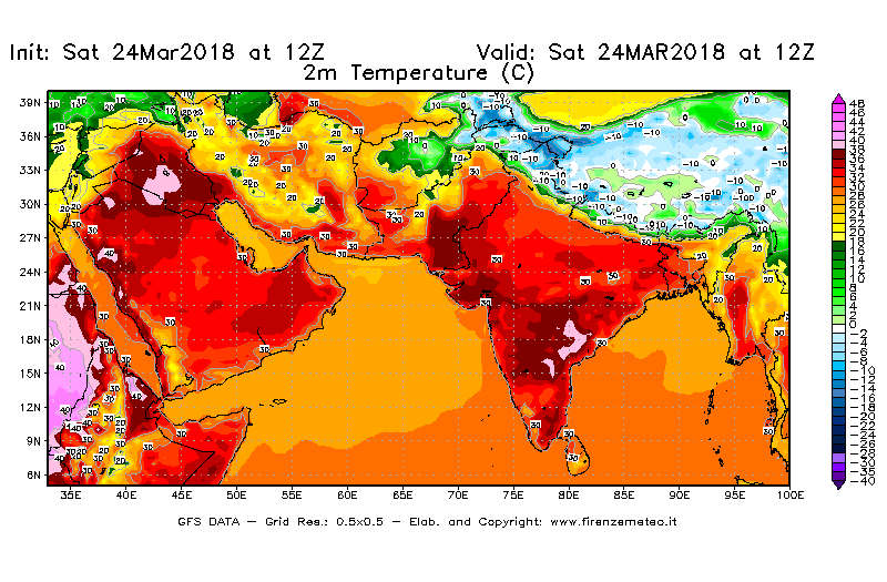 Mappa di analisi GFS - Temperatura a 2 metri dal suolo [°C] in Asia Sud-Occidentale
									del 24/03/2018 12 <!--googleoff: index-->UTC<!--googleon: index-->