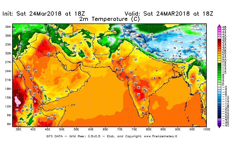 Mappa di analisi GFS - Temperatura a 2 metri dal suolo [°C] in Asia Sud-Occidentale
									del 24/03/2018 18 <!--googleoff: index-->UTC<!--googleon: index-->
