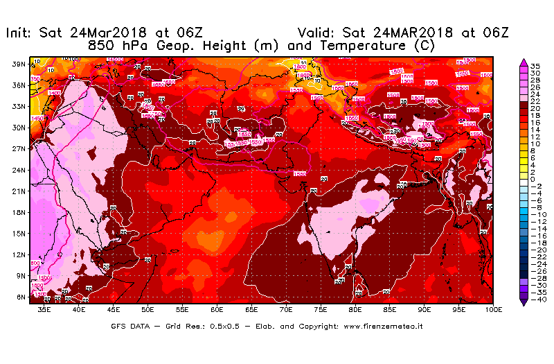 Mappa di analisi GFS - Geopotenziale [m] e Temperatura [°C] a 850 hPa in Asia Sud-Occidentale
									del 24/03/2018 06 <!--googleoff: index-->UTC<!--googleon: index-->
