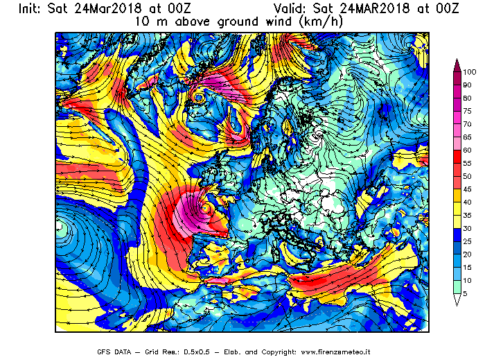 Mappa di analisi GFS - Velocità del vento a 10 metri dal suolo [km/h] in Europa
									del 24/03/2018 00 <!--googleoff: index-->UTC<!--googleon: index-->