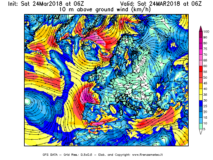 Mappa di analisi GFS - Velocità del vento a 10 metri dal suolo [km/h] in Europa
									del 24/03/2018 06 <!--googleoff: index-->UTC<!--googleon: index-->