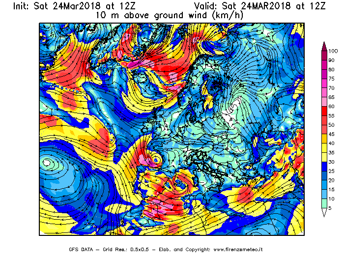 Mappa di analisi GFS - Velocità del vento a 10 metri dal suolo [km/h] in Europa
									del 24/03/2018 12 <!--googleoff: index-->UTC<!--googleon: index-->