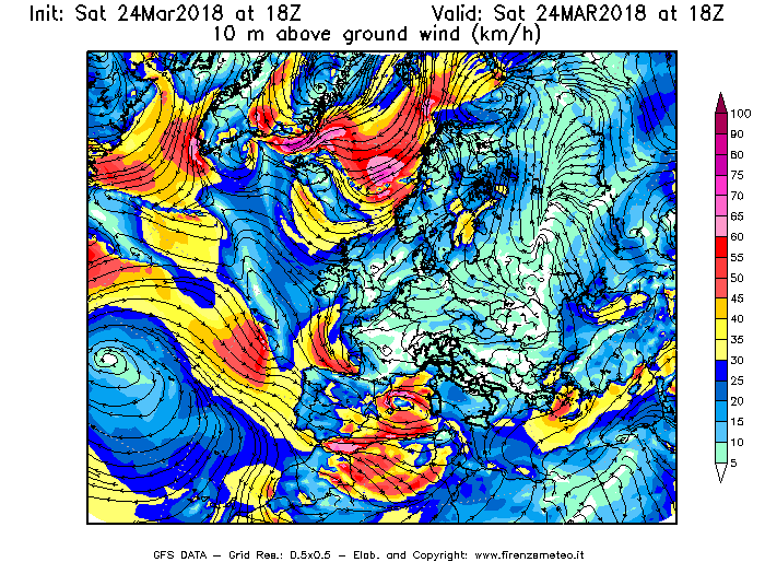 Mappa di analisi GFS - Velocità del vento a 10 metri dal suolo [km/h] in Europa
									del 24/03/2018 18 <!--googleoff: index-->UTC<!--googleon: index-->