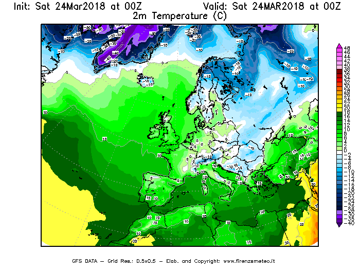 Mappa di analisi GFS - Temperatura a 2 metri dal suolo [°C] in Europa
									del 24/03/2018 00 <!--googleoff: index-->UTC<!--googleon: index-->