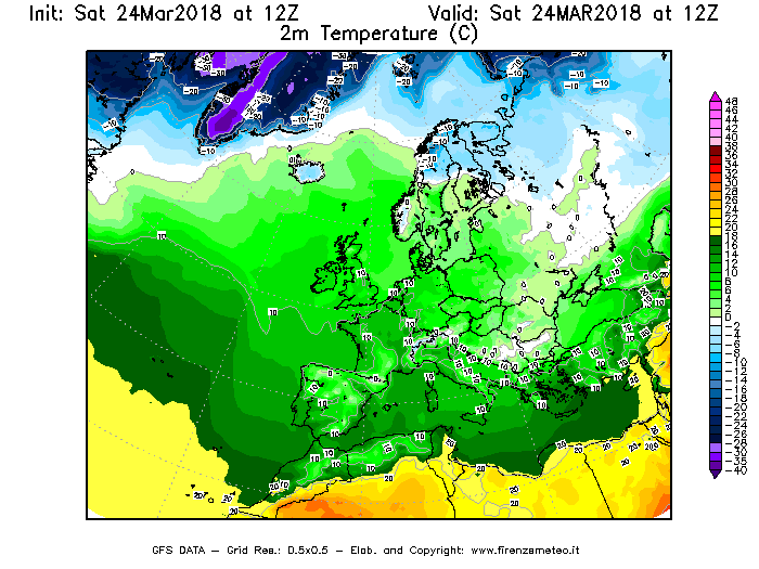 Mappa di analisi GFS - Temperatura a 2 metri dal suolo [°C] in Europa
									del 24/03/2018 12 <!--googleoff: index-->UTC<!--googleon: index-->