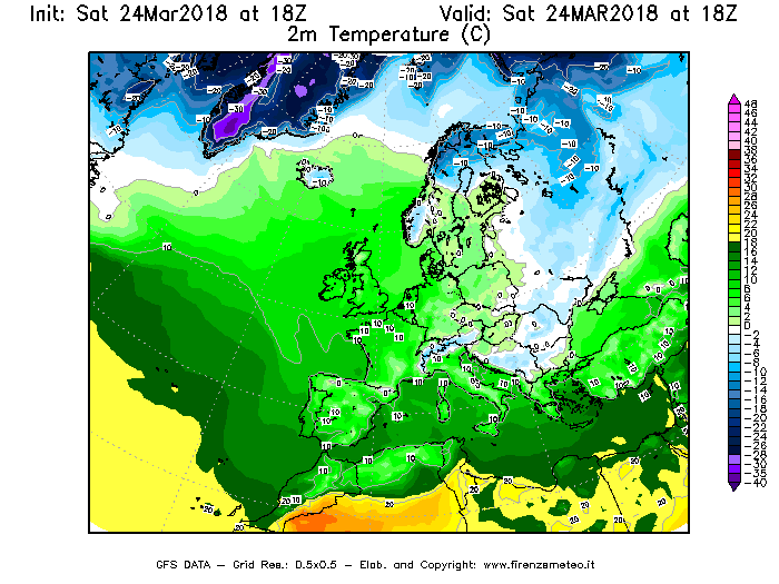 Mappa di analisi GFS - Temperatura a 2 metri dal suolo [°C] in Europa
									del 24/03/2018 18 <!--googleoff: index-->UTC<!--googleon: index-->
