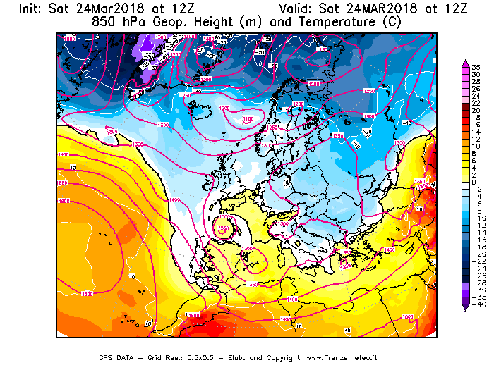 Mappa di analisi GFS - Geopotenziale [m] e Temperatura [°C] a 850 hPa in Europa
									del 24/03/2018 12 <!--googleoff: index-->UTC<!--googleon: index-->