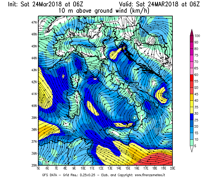 Mappa di analisi GFS - Velocità del vento a 10 metri dal suolo [km/h] in Italia
									del 24/03/2018 06 <!--googleoff: index-->UTC<!--googleon: index-->