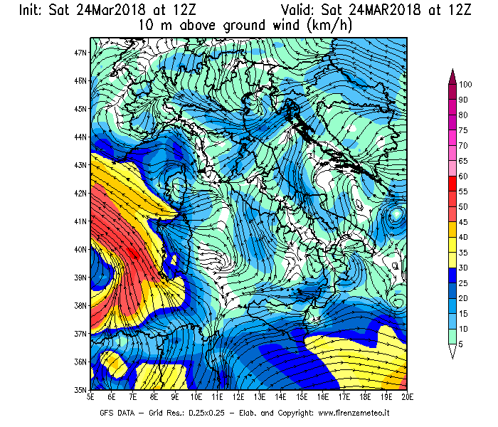 Mappa di analisi GFS - Velocità del vento a 10 metri dal suolo [km/h] in Italia
									del 24/03/2018 12 <!--googleoff: index-->UTC<!--googleon: index-->