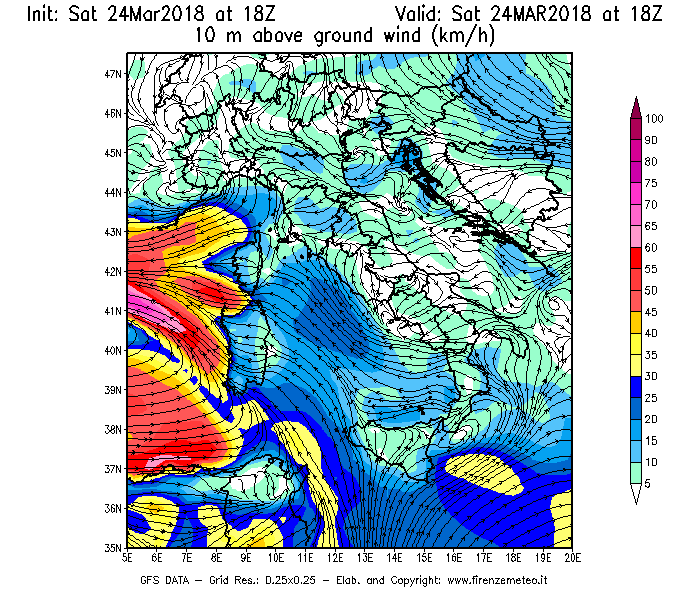 Mappa di analisi GFS - Velocità del vento a 10 metri dal suolo [km/h] in Italia
									del 24/03/2018 18 <!--googleoff: index-->UTC<!--googleon: index-->