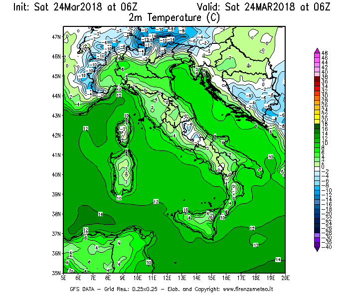Mappa di analisi GFS - Temperatura a 2 metri dal suolo [°C] in Italia
									del 24/03/2018 06 <!--googleoff: index-->UTC<!--googleon: index-->