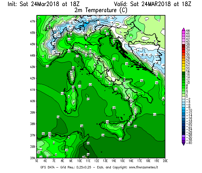 Mappa di analisi GFS - Temperatura a 2 metri dal suolo [°C] in Italia
									del 24/03/2018 18 <!--googleoff: index-->UTC<!--googleon: index-->