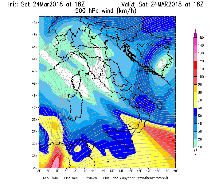 Mappa di analisi GFS - Velocità del vento a 500 hPa [km/h] in Italia
									del 24/03/2018 18 <!--googleoff: index-->UTC<!--googleon: index-->