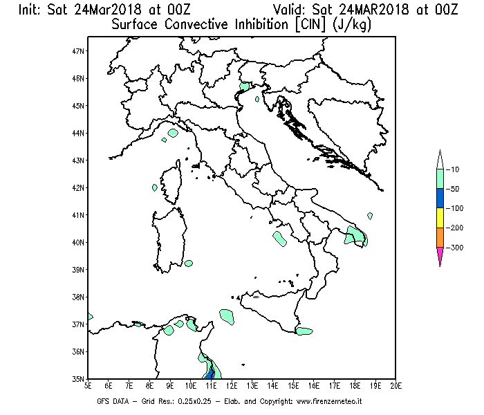 Mappa di analisi GFS - CIN [J/kg] in Italia
									del 24/03/2018 00 <!--googleoff: index-->UTC<!--googleon: index-->